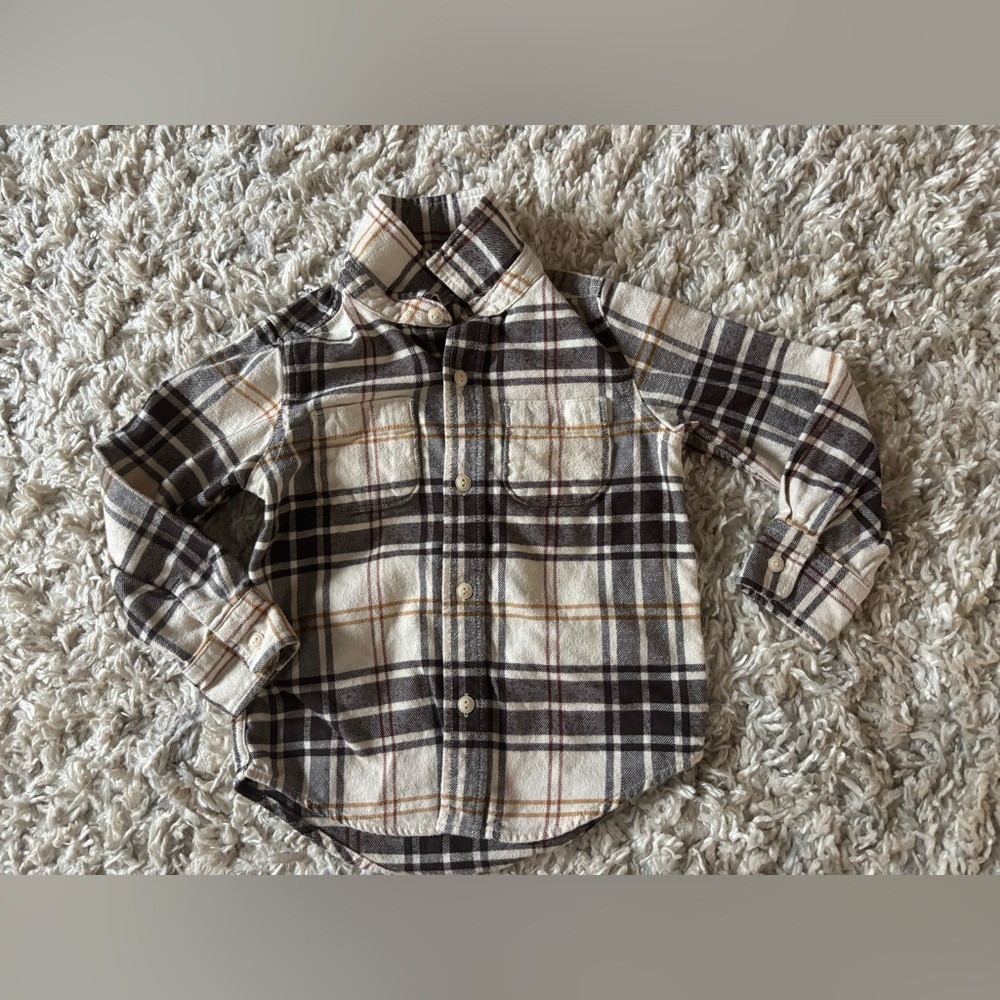 Gap boys Plaid Button Down Shirt Sz 3 Flannel ivory brown